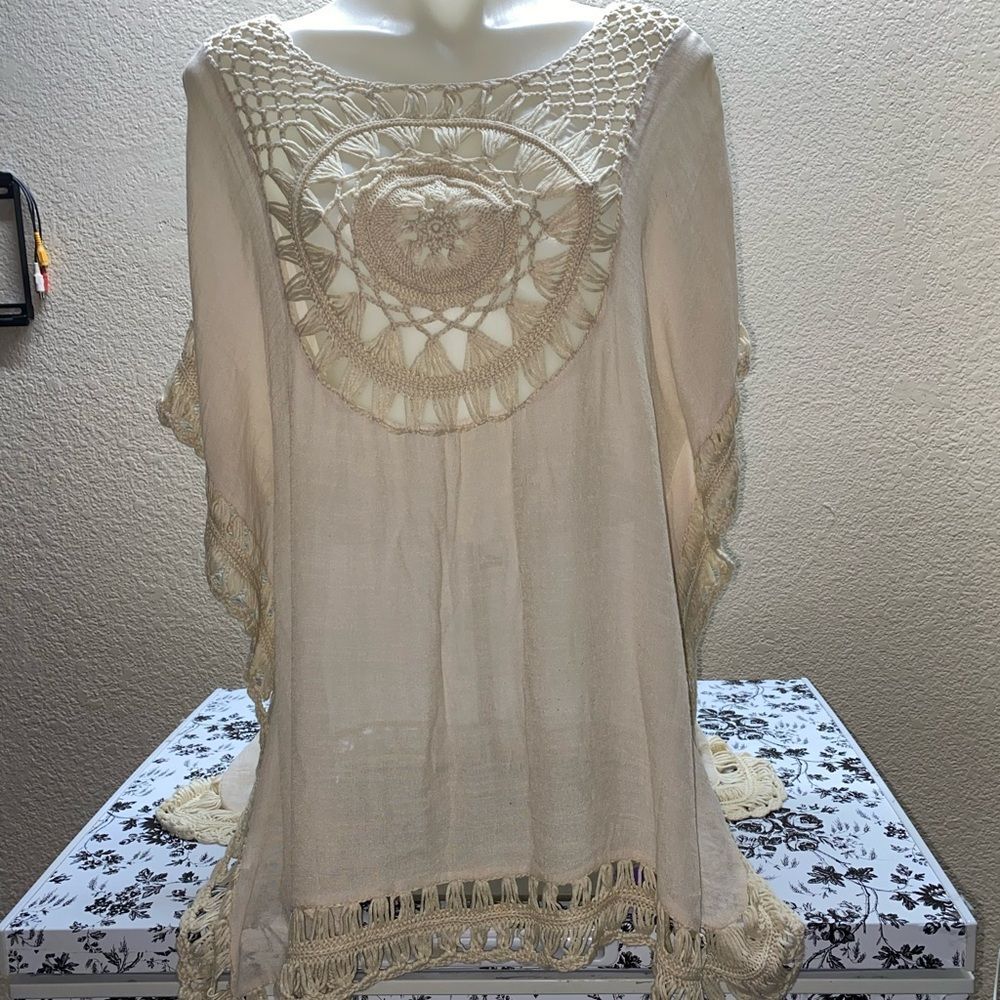 * bohemian tan Crochet Tunic size 1X with crochet trim - Picture 9 of 9